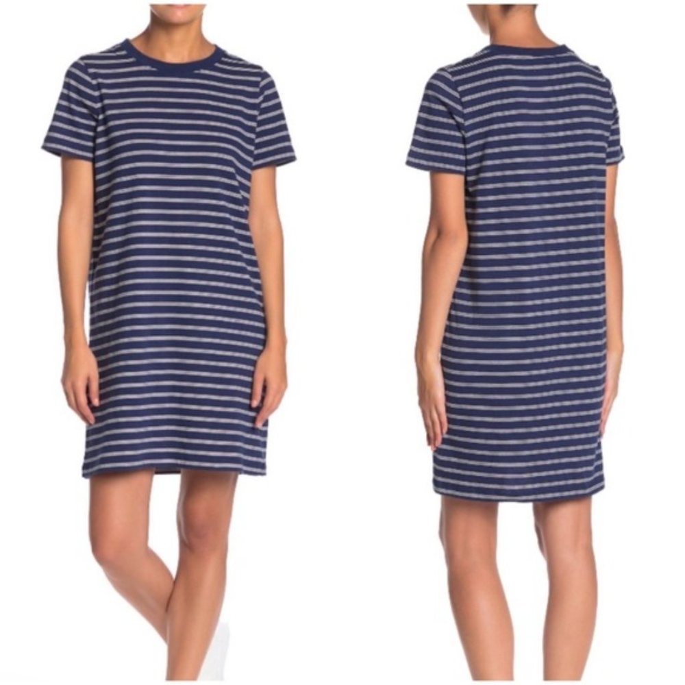 Madewell Tina Striped Cotton Crew Neck T-Shirt Dress Navy Women's Size XL